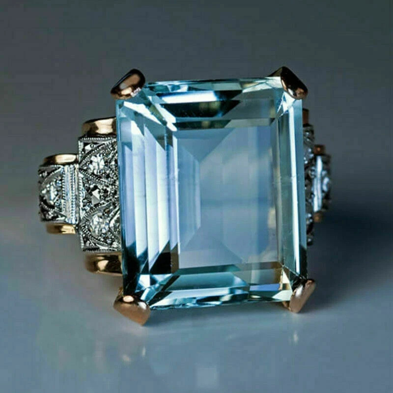 6Ct Emerald Cut Aquamarine Unisex Solitaire Engagement Ring 14K Rose Gold Finish