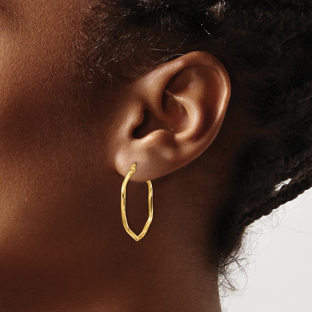 27.92mm 14K Yellow Gold 1x1mm Textured Twist Hexagon Hoop Earrings