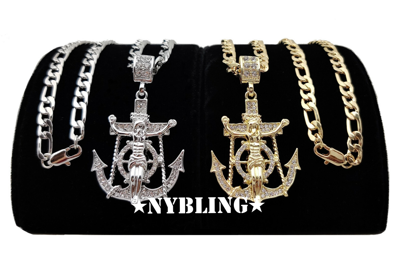 Hip Hop Gold Plated CZ Jesus Anchor Pendant with 5mm 24″ Figaro Chain Necklace