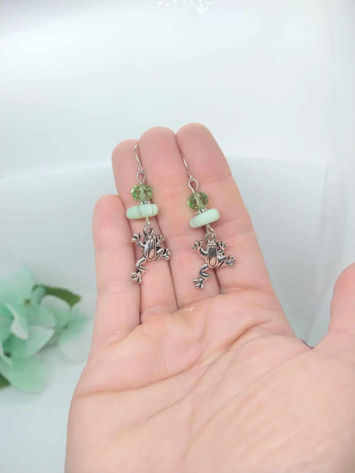 Green Glass Stainless Steel Frog Charm Silver Dangle Earrings Gifts For Her