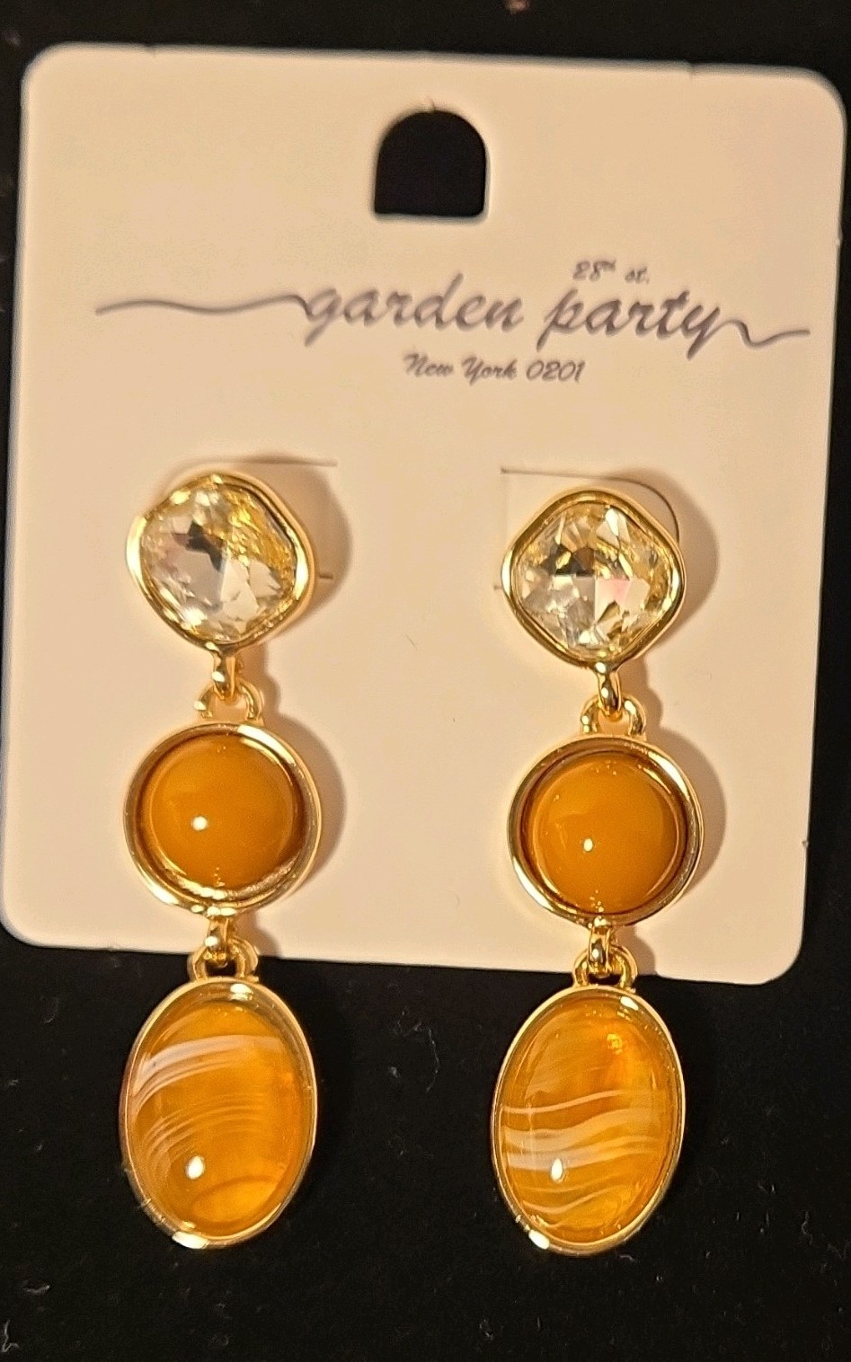 Garden Party Gold Tone Clear Crystal & Orange Oval Dangle Earrings Butterfly