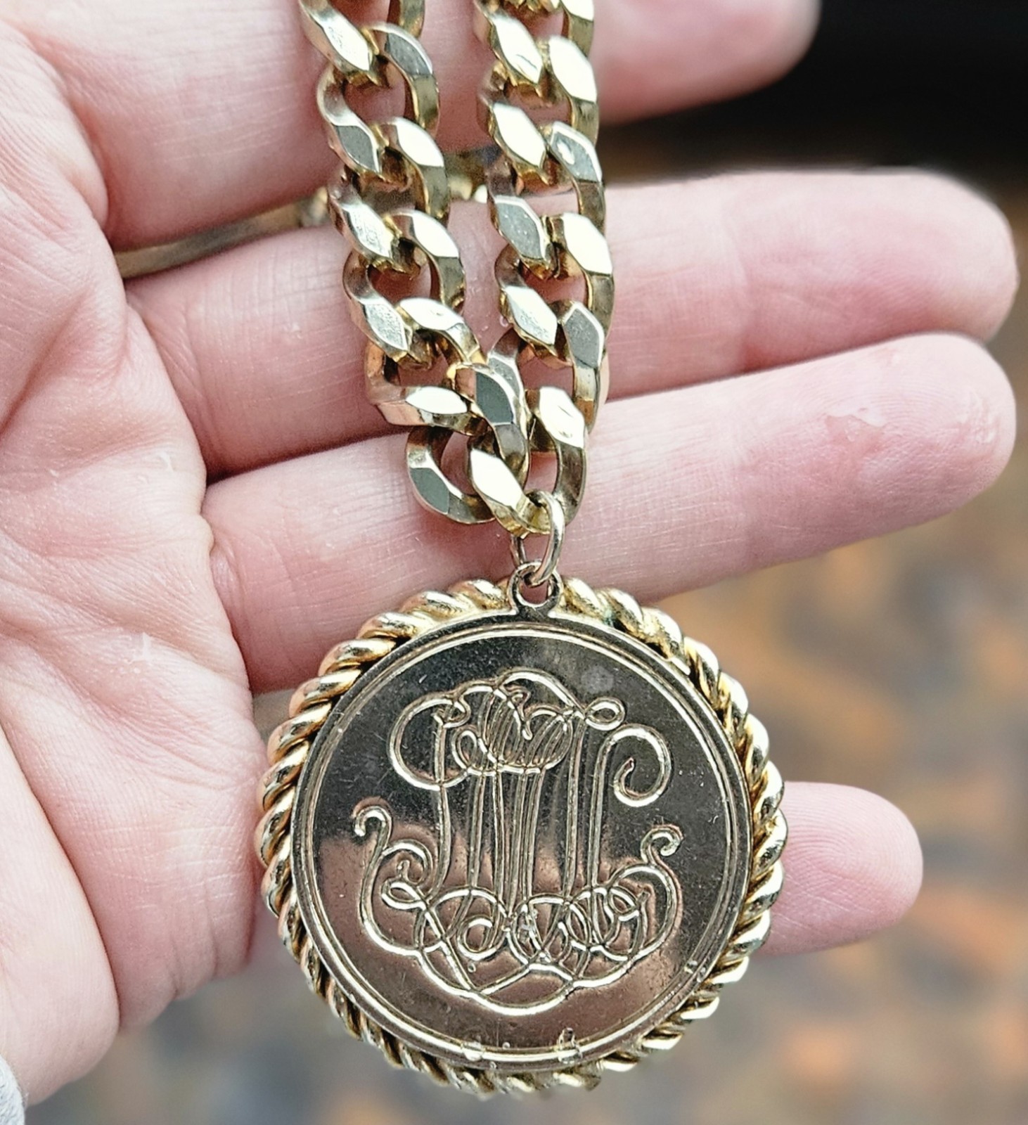 Gold Tone Monogram Medallion Pendant On Chunky Cuban Link Chain Vintage