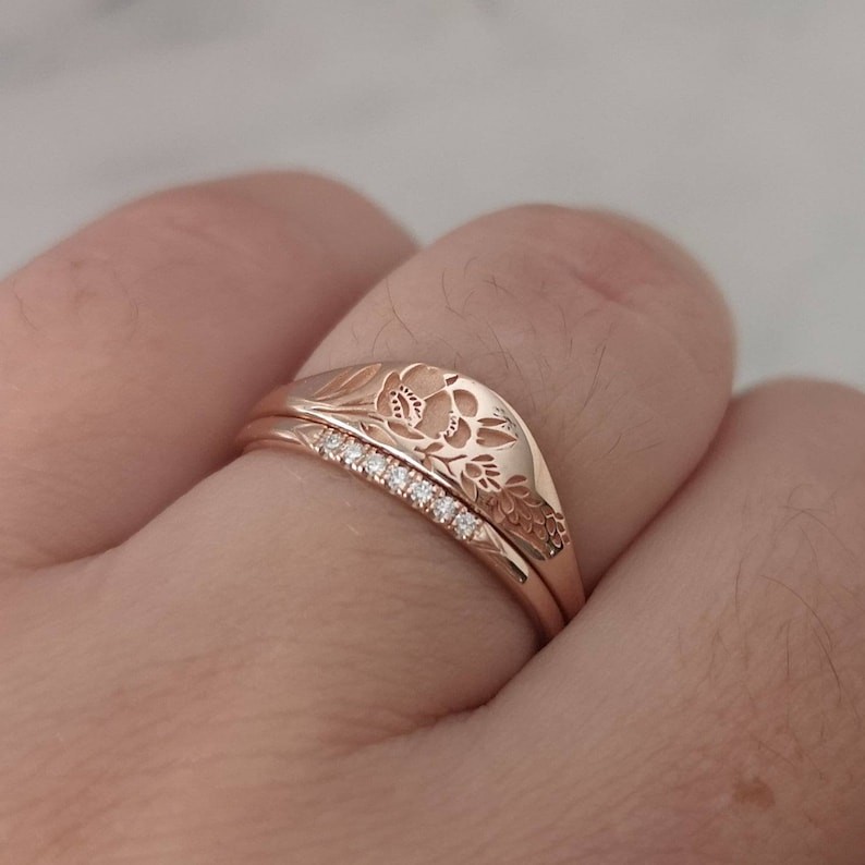Carved Rose Flower Gold wedding ring set for Women Elegant Anniversary Sliver