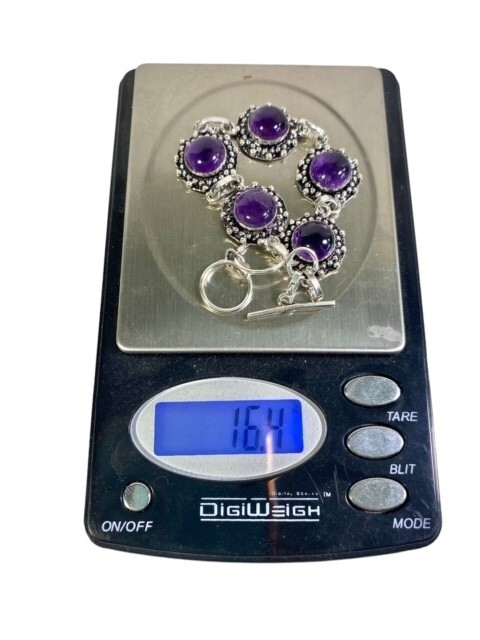 Amethyst Gemstone Bracelet Silver Chain Link Handmade 16.4 grams 7 inch