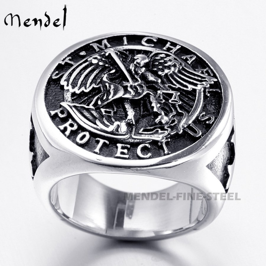 MENDEL Mens Stainless Steel Catholic Archangel St Saint Michael Ring Size 7-15