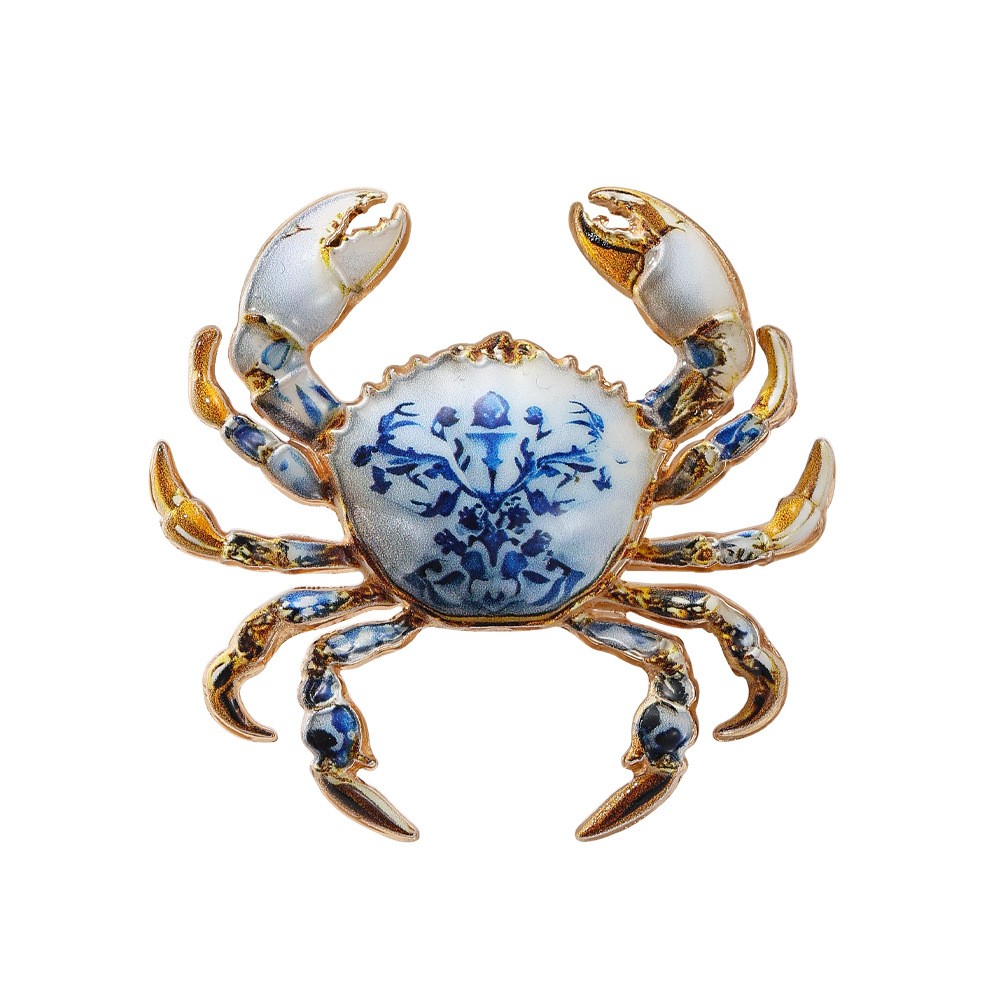 Blue and White Porcelain Pattern Crab Brooch Vintage Enamel Sea Animal Lapel Pin