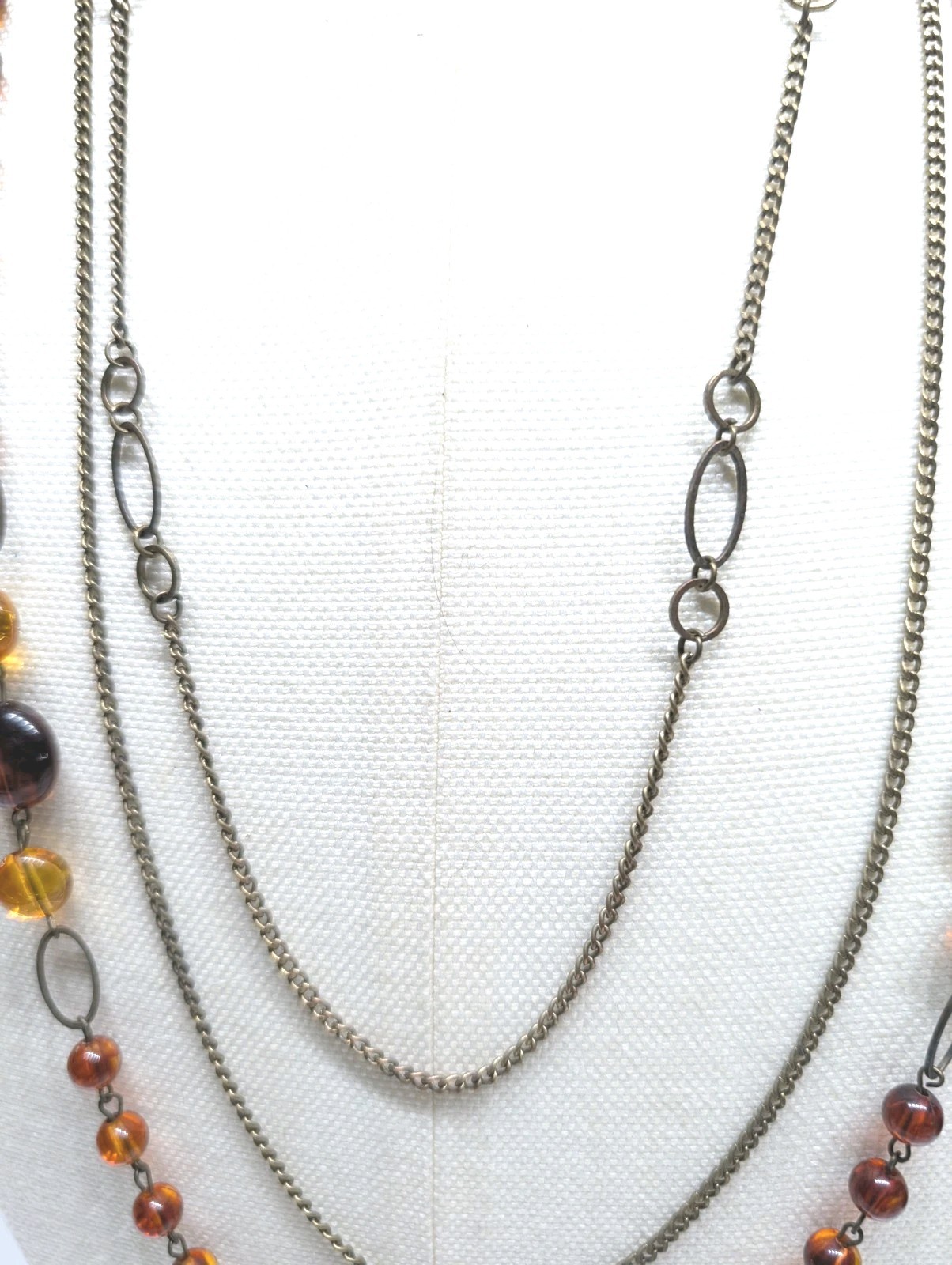 Long Amber Colored Beads Necklace- w/2 Plain chains