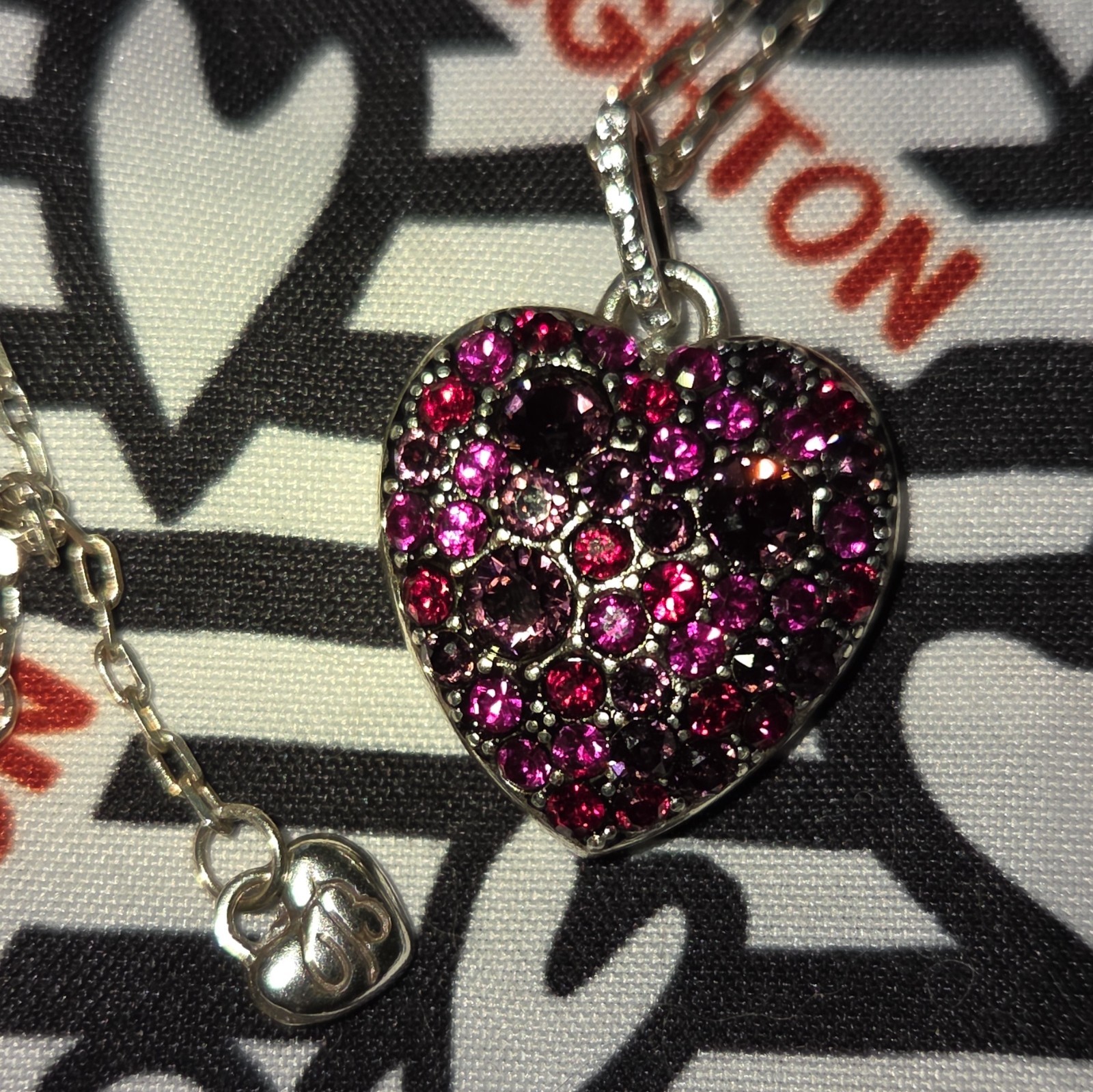 Brighton Silver Plated Reversible Signed Heart Locket Necklace Pink Crystal