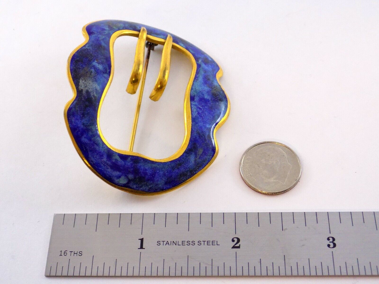 Vintage Unsigned Goldtone Metal and Blue Enamel Belt Buckle Brooch Pin 2.5 Inch