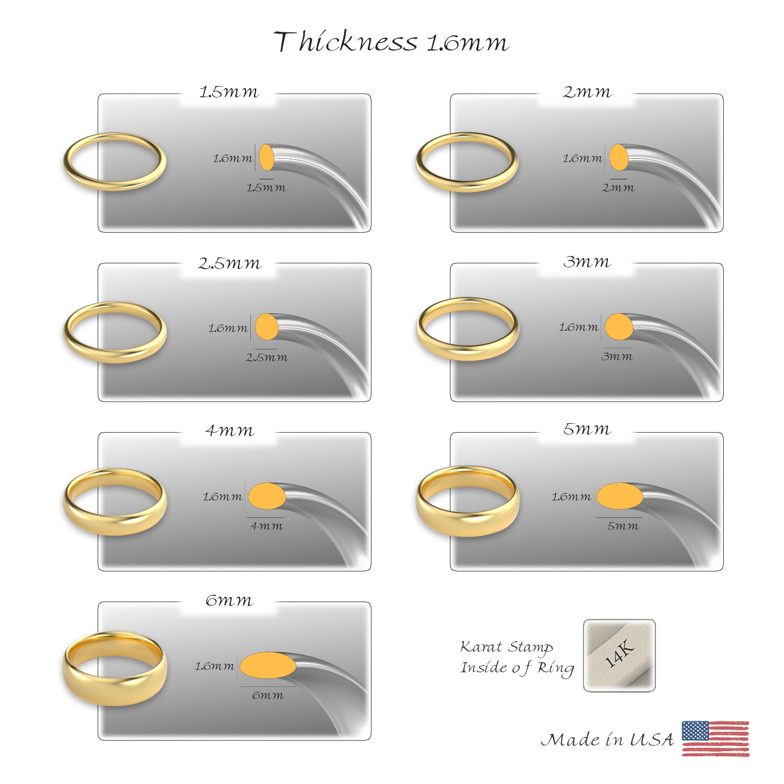 14K Yellow Gold 1.5mm 2mm 2.5mm 3mm 4mm 5mm 6mm Comfort Fit Wedding Band