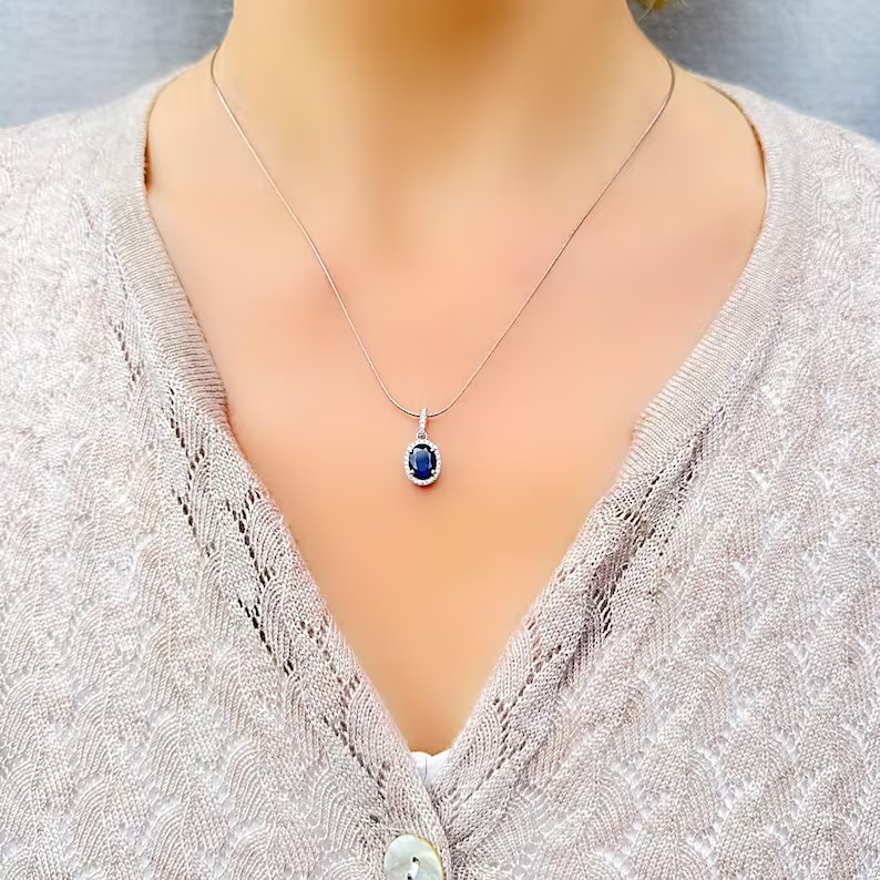 14K White Gold Plated Halo Charm Pendant 2.19Ct Oval Cut Simulated Blue Sapphire
