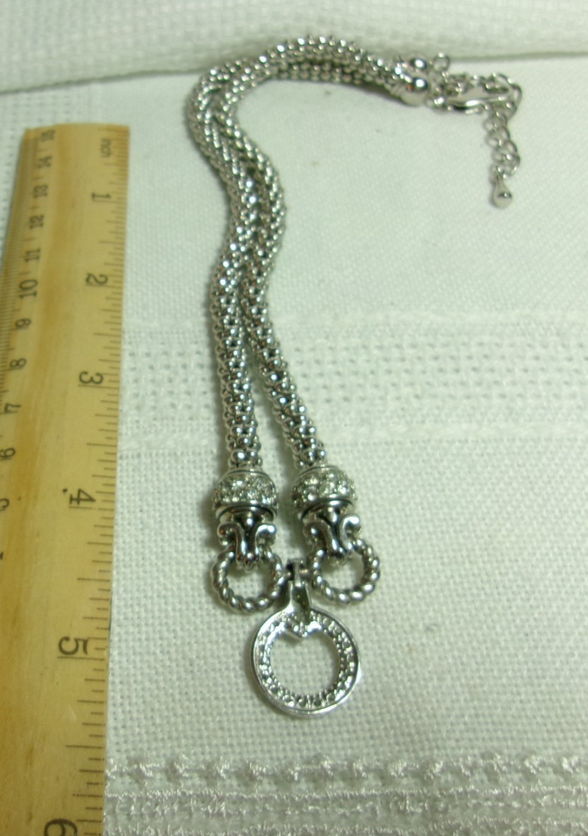 PLATED PLATINUM POPCORN STYLE CHAIN RHINESTONE DROP NECKLACE HEART HANGTAG “PL”