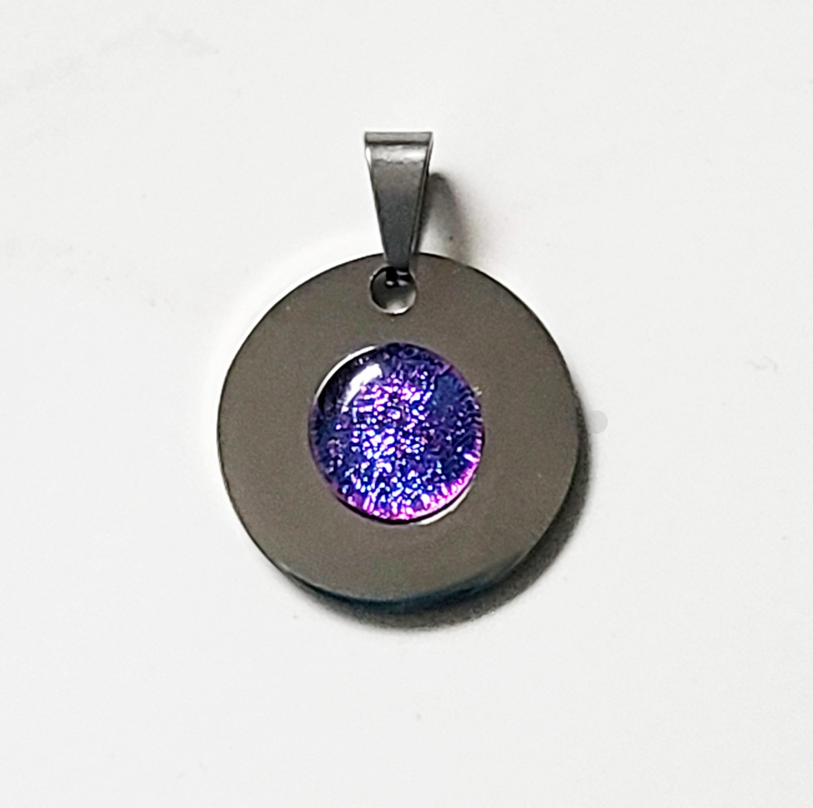 Dichroic Glass Stainless Steel Disk Pendant, Handcrafted