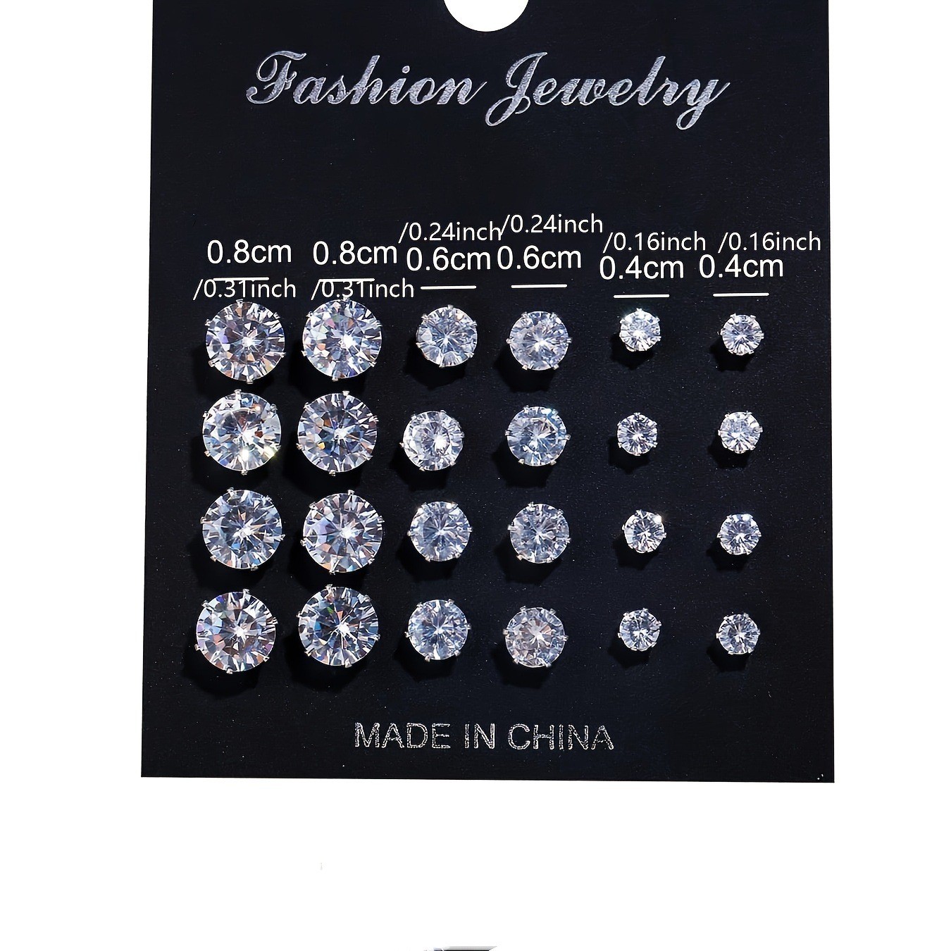 Silver Alloy Zircon Stud Earrings Set 12 Pairs Round Six Prong for For CRYSTAL