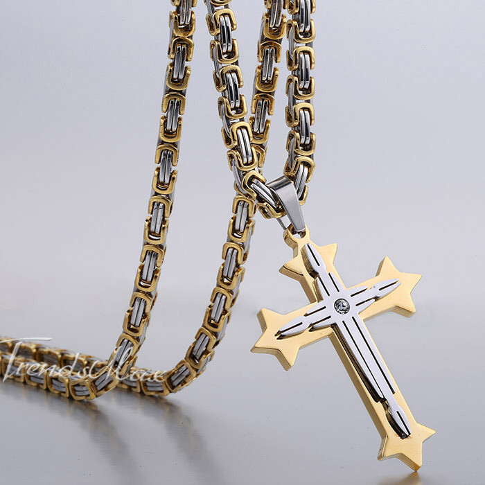 Silver/Gold Plated Mens Chain Cross Byzantine Stainless Steel PENDANT NECKLACE