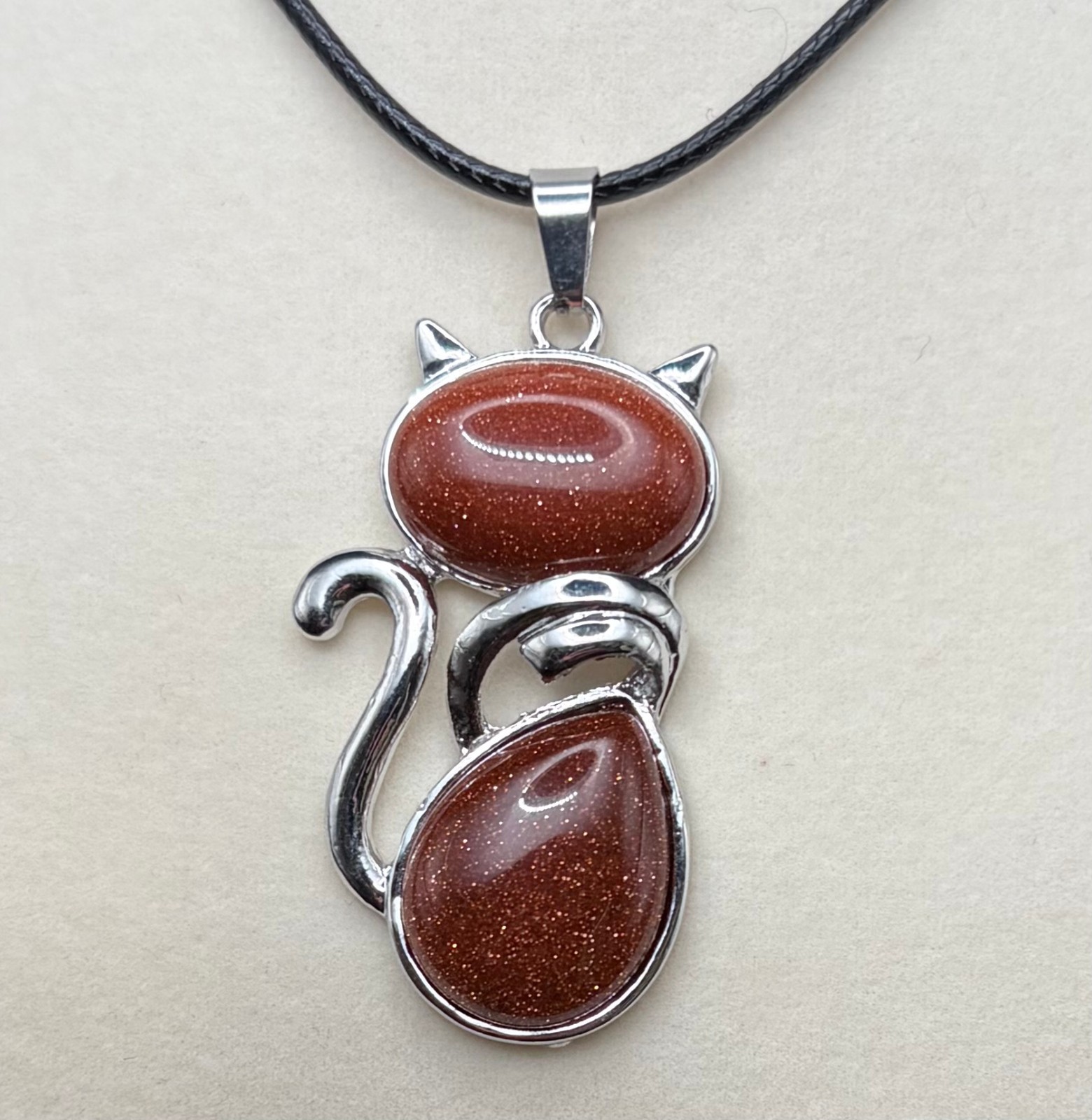 Red-Brown Goldstone Glass Cat Pendant Necklace 21″ Waxed Cord /Stone of Ambition