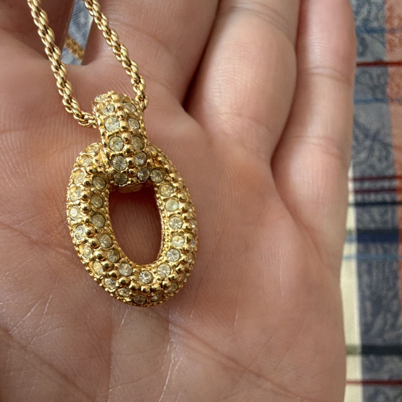 Dior Signed Gold Tone Rope Chain Oval Pendant Pavé Clear Crystal Necklace