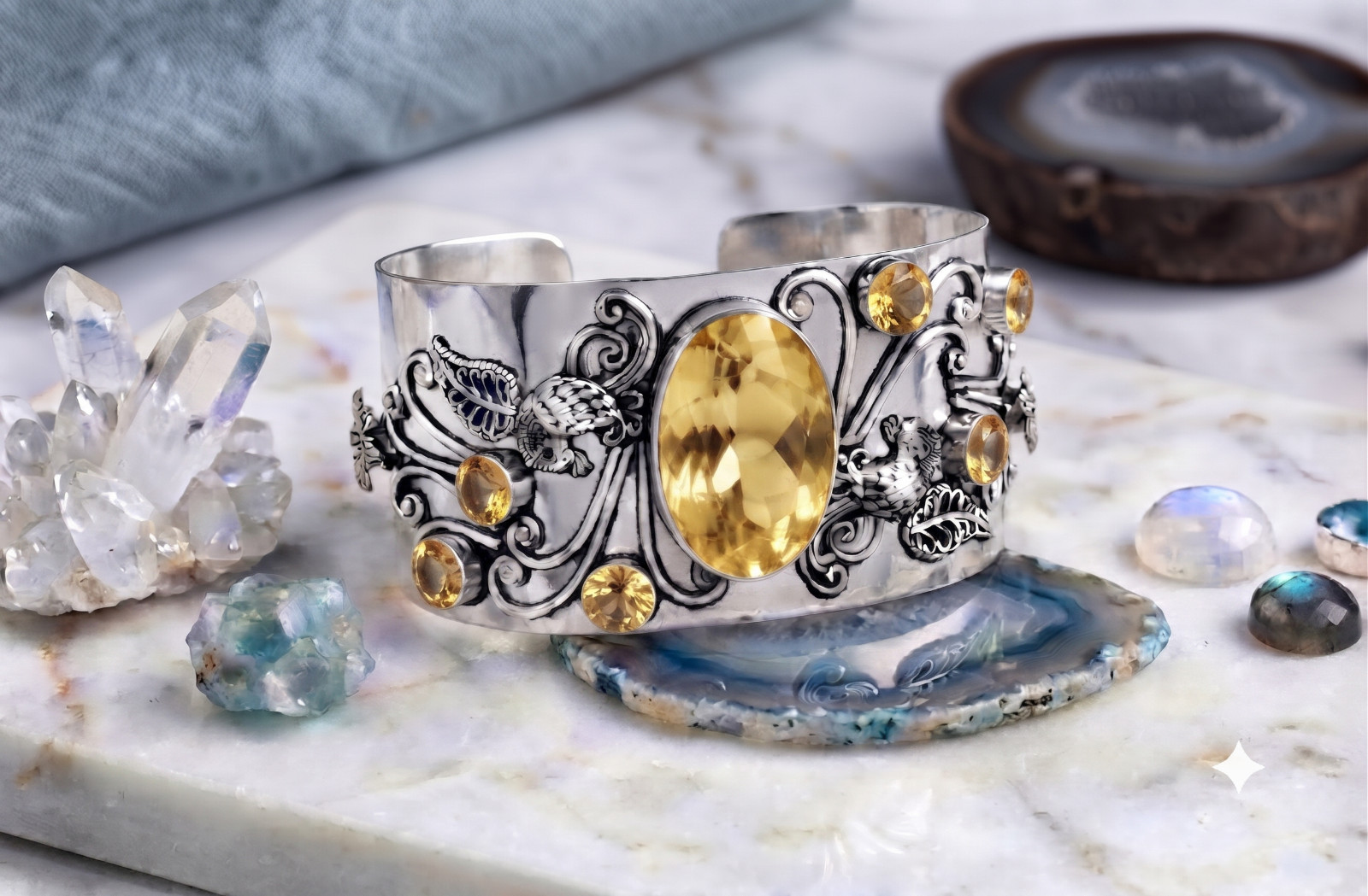 Yellow Citrine Cuff Bracelet 925 Sterling Silver Handmade Gemstone Jewelry ADJ”