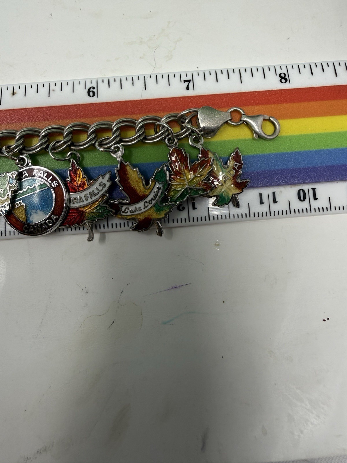 Vintage Sterling Silver Enamel Canada Travel Maple Multi Charm Bracelet 43g