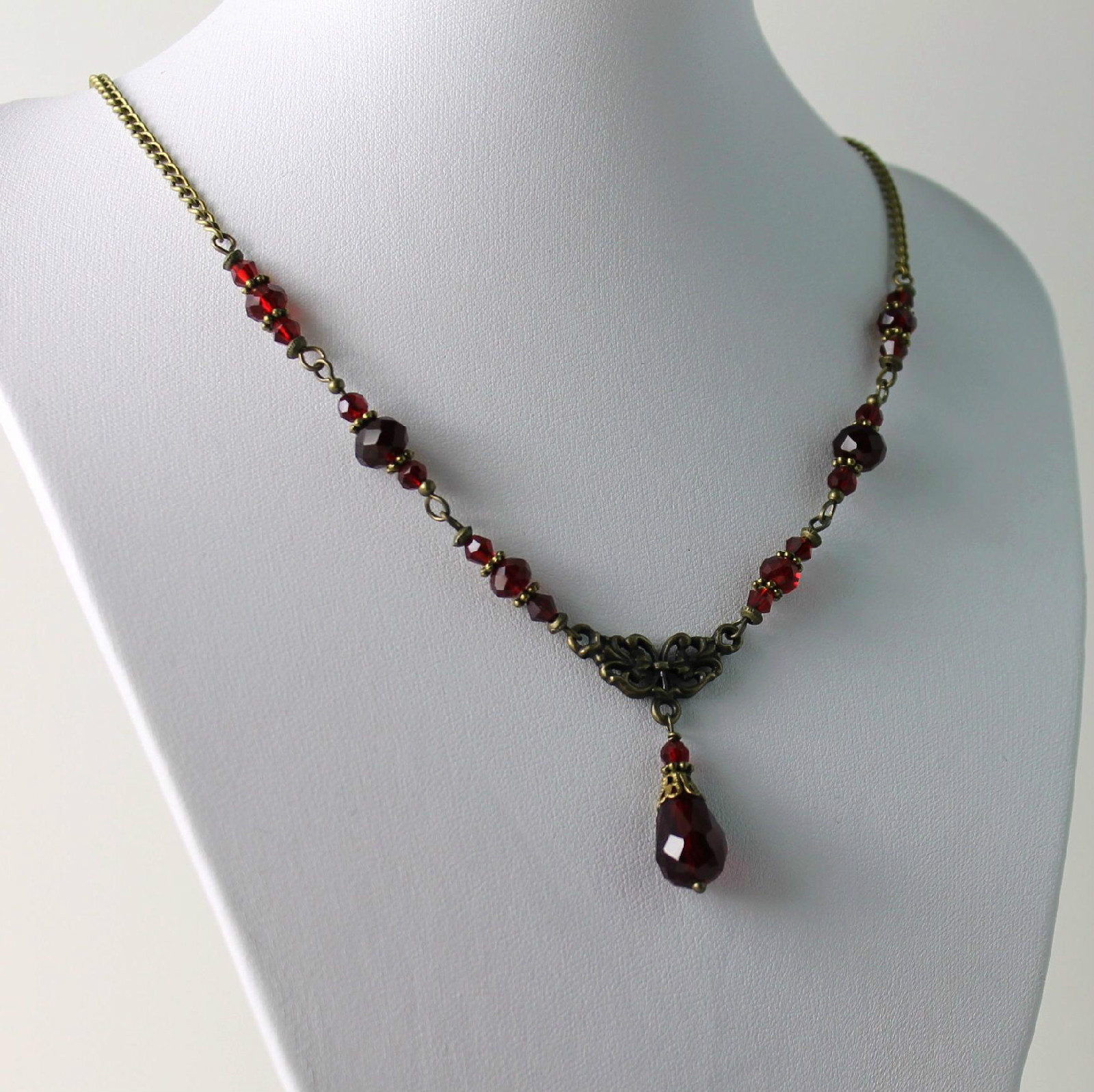 Garnet Dark Siam Blood Red Crystal Vintage Victorian Necklace Earring Set Steamp
