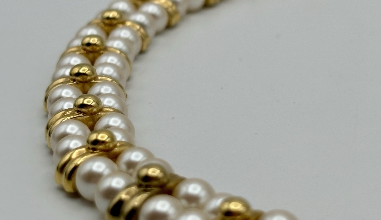 Monet Signed Double Strand Faux Pearl Gold Tone Choker Necklace Hook Clasp