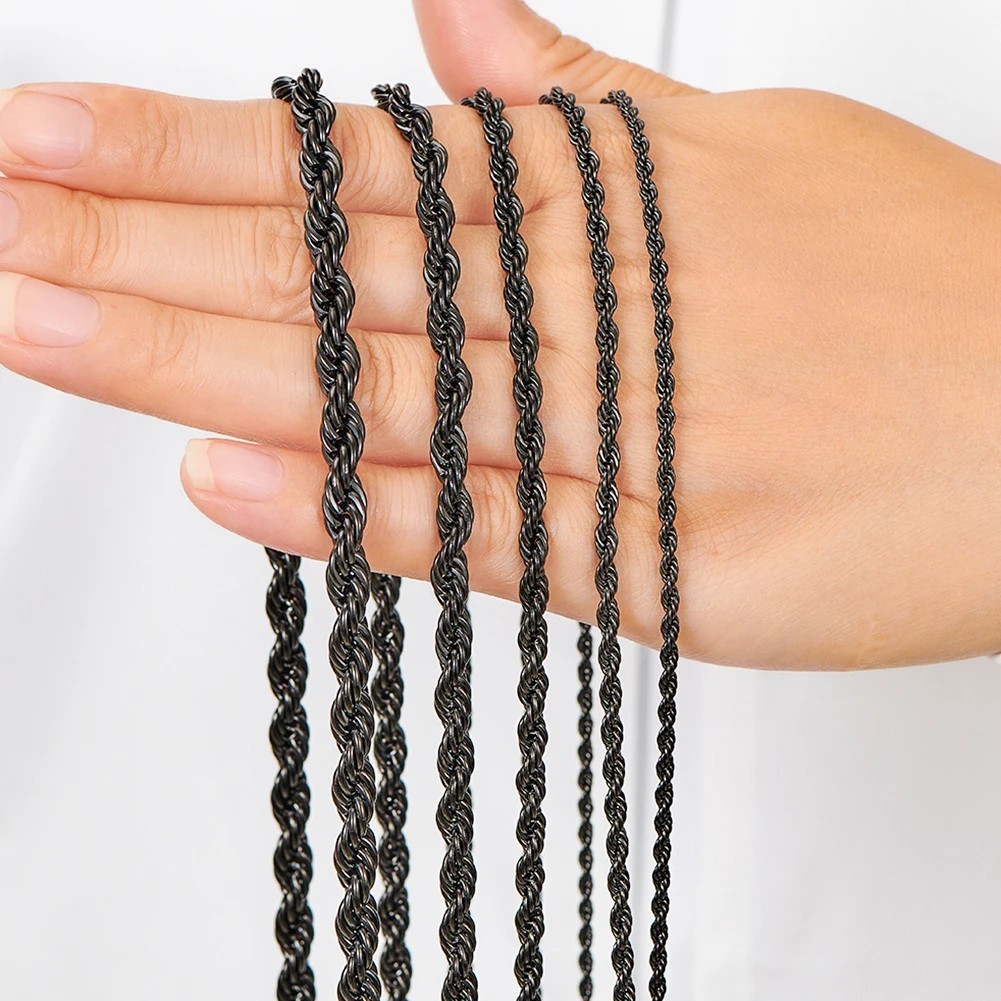Men Women’s Stainless Steel Black Plated 2mm/3mm/4mm/5mm Rope Necklace Chain