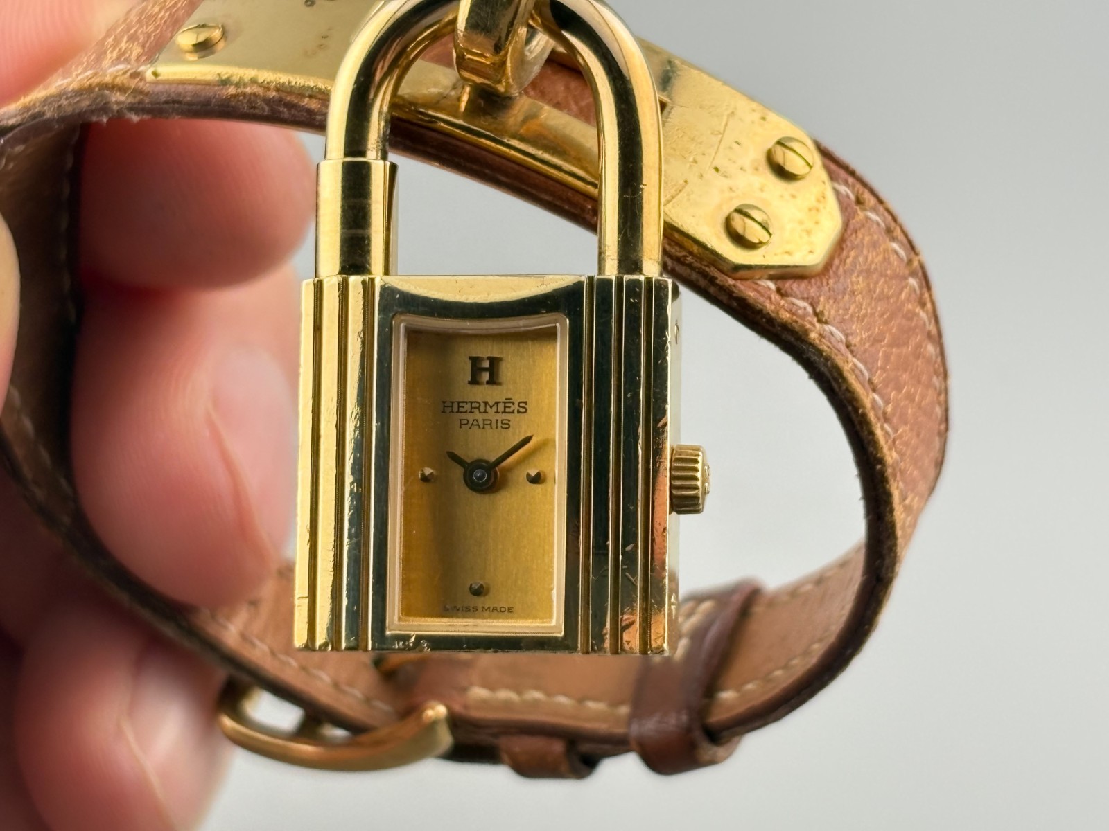 [Very Good] HERMES Kelly Gold Swiss Qz Women’s Padlock Watch Brown Belt
