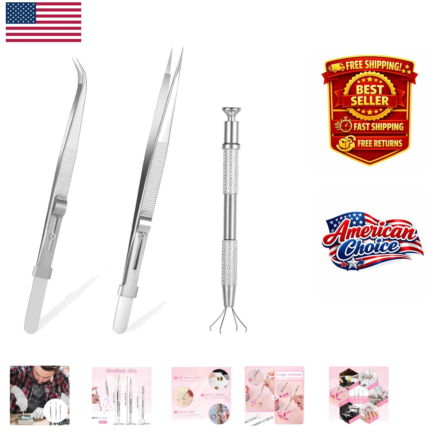 Durable Slide-Locking Jewelry Tweezers Set – 3 Pack Stainless Steel Precision