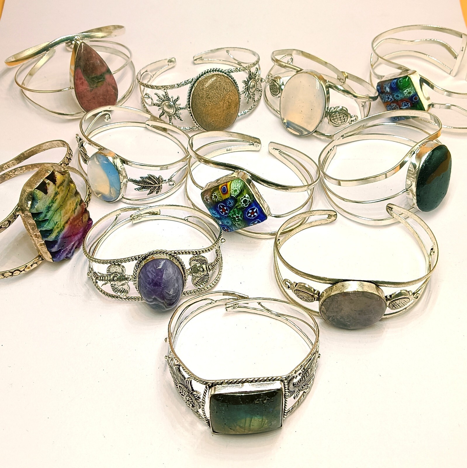 Bulk ! Millefiori & Big Mix Gemstone 925 Silver Plated Bangle Wholesale Lot 10pc
