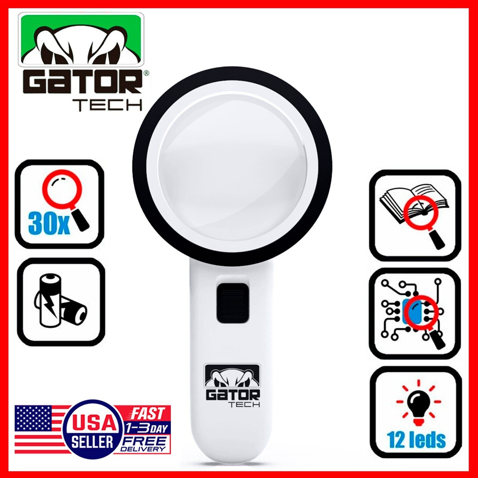 Magnifying Glass Bright LED Light Handheld Jumbo Illuminated 30X Magnifier Large