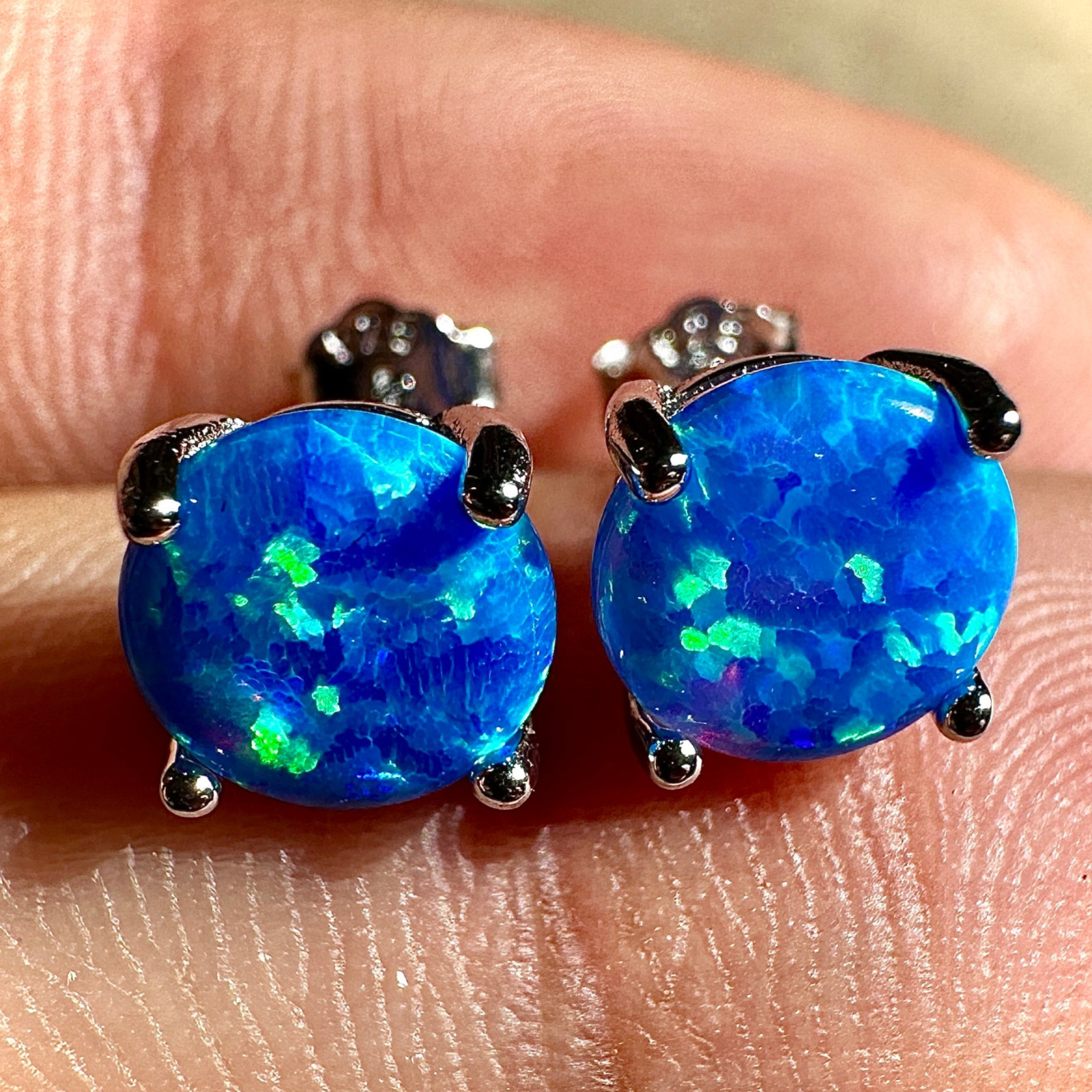 Blue Opal Stud Earrings 7mm 925 Sterling Silver Round Earrings for Women