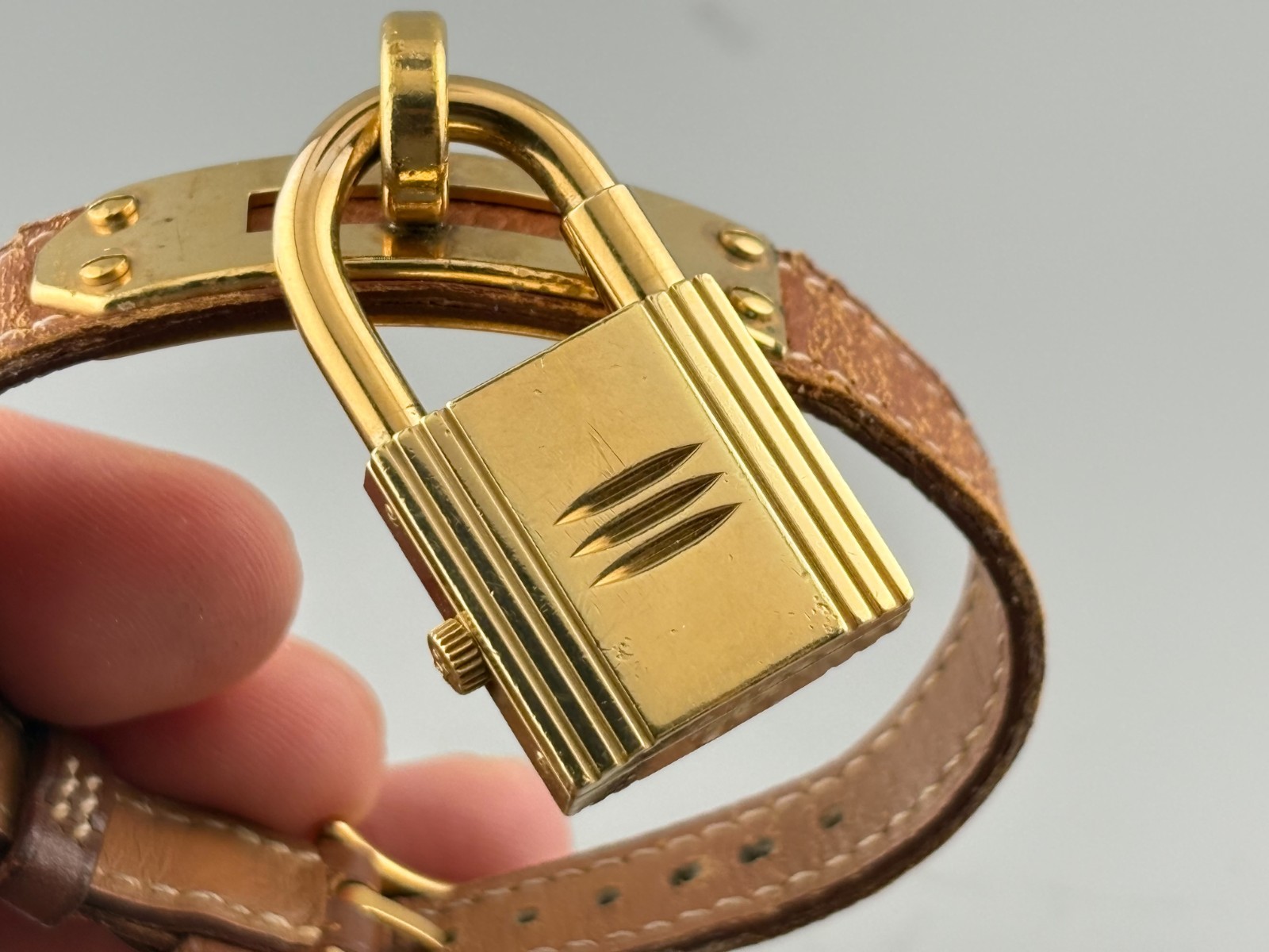 [Very Good] HERMES Kelly Gold Swiss Qz Women’s Padlock Watch Brown Belt