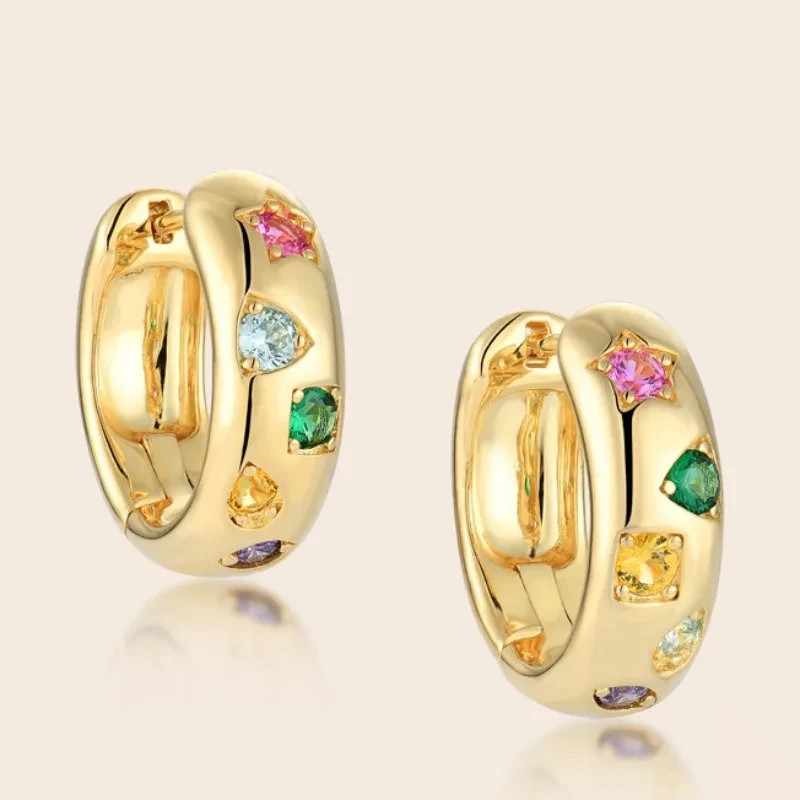18K Gold Plated Colorful CZ Chunky Hoop Earrings Women Statement Jewellery Gift
