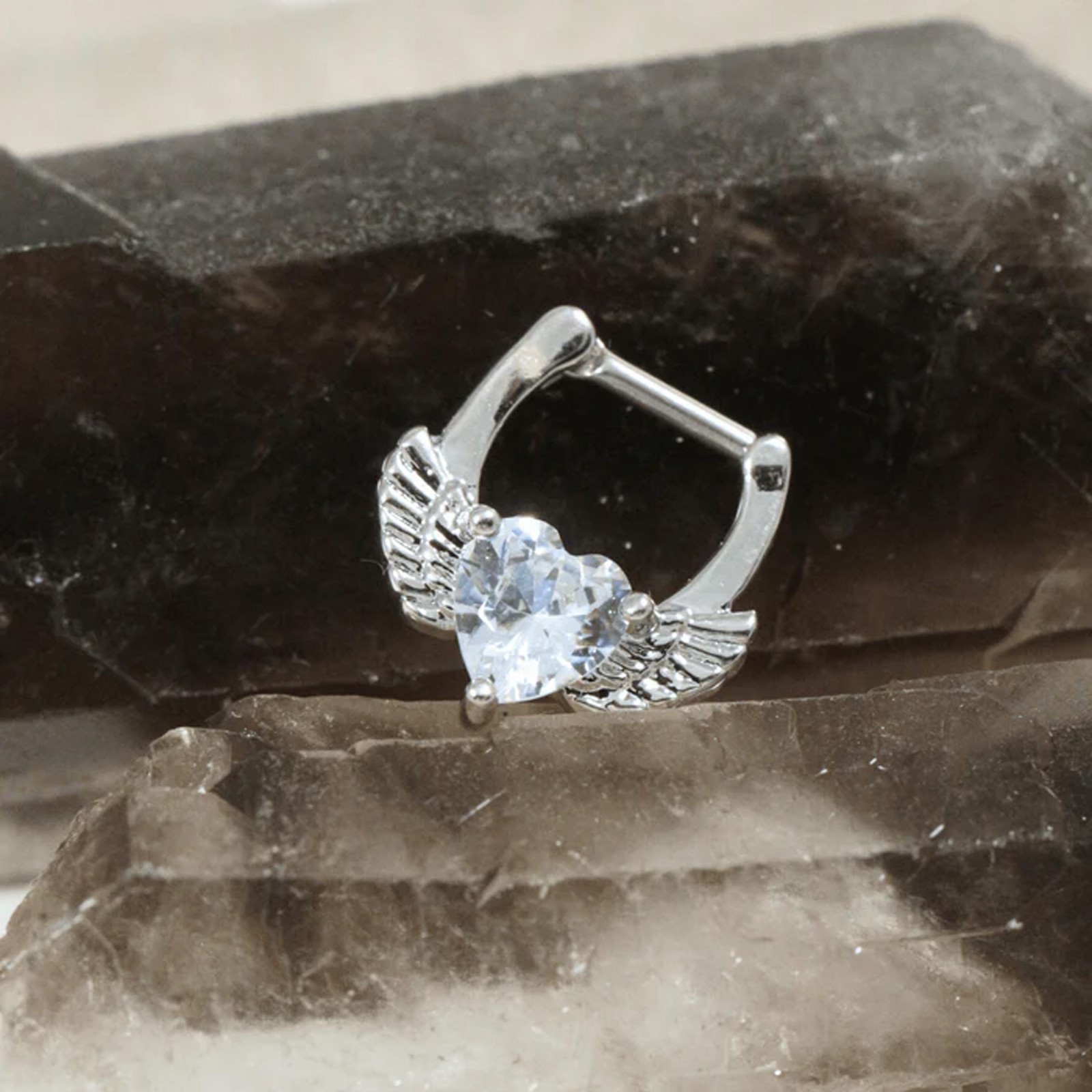 316L Surgical Steel Angel Wings Heart CZ Septum Clicker Hinged Nose Ring