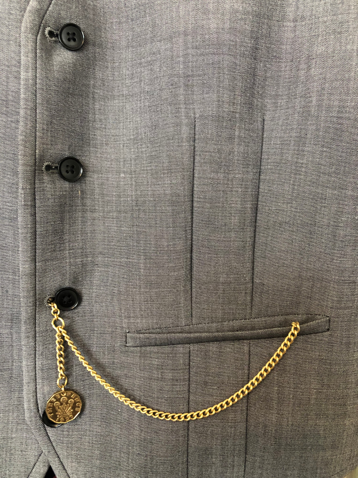 vintage type solid brass single albert pocket watch chain three pence 3d fob