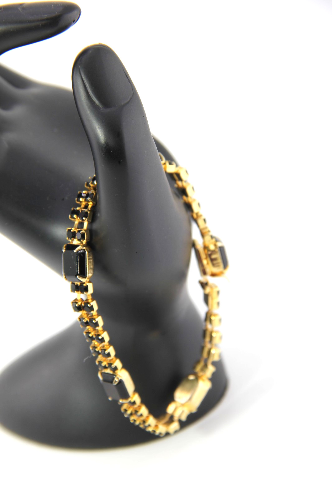 Vintage Bracelet Black Prong Set Rhinestones Push Lock, Czech Republic 1980