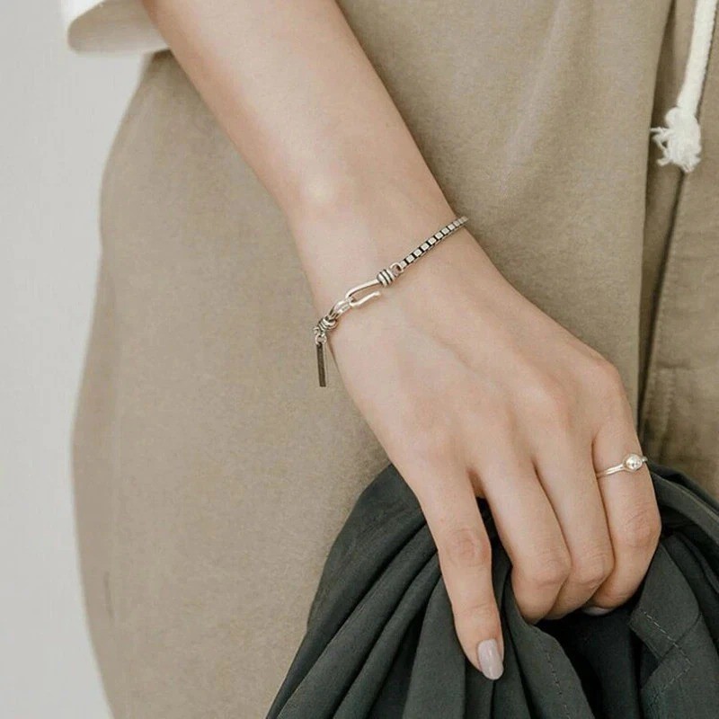 Women s 925 Sterling Silver Beads Handmade Retro, Geometric Bracelet Gift
