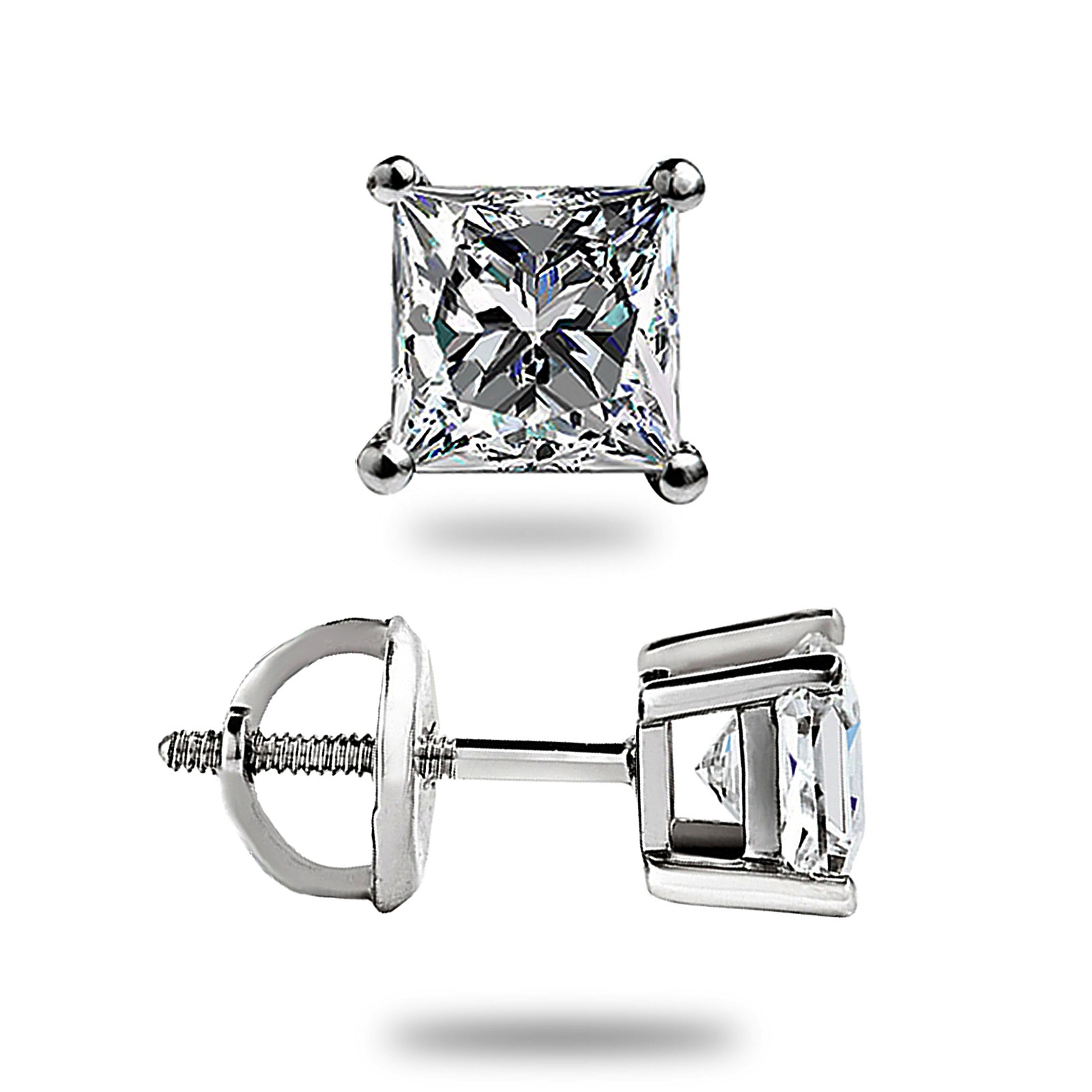 1.05 Ct Princess cut MOISSANITE Studs Earrings Solid 14k White Gold Screwbk Gift