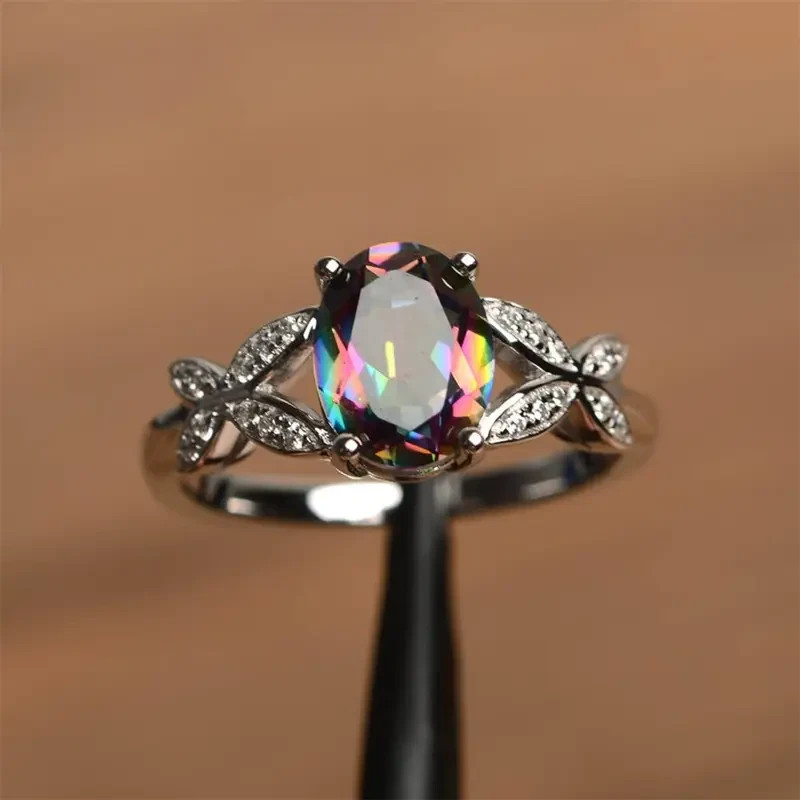 925 Sterling Silver Rainbow Mystical Fire Topaz Wedding Engagement Ring Size 7