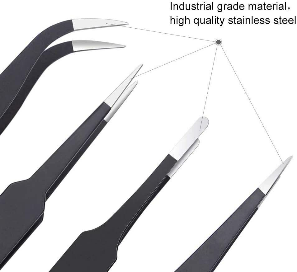 6Pcs ESD Anti-static Tweezers Set Maintenance Repair Stainless Steel Tools Kit