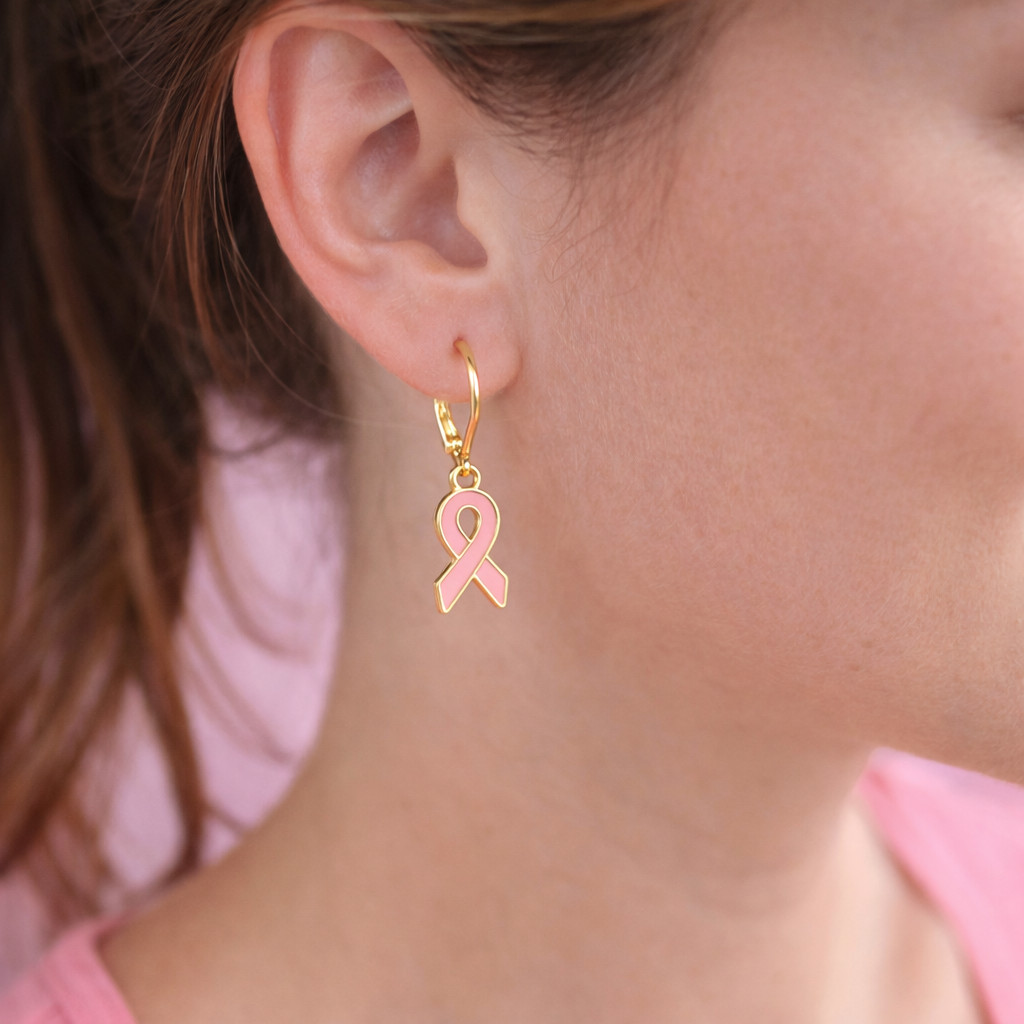 Breast Cancer Awareness Ribbon Earrings with Gold Trim & Lever back Closures
