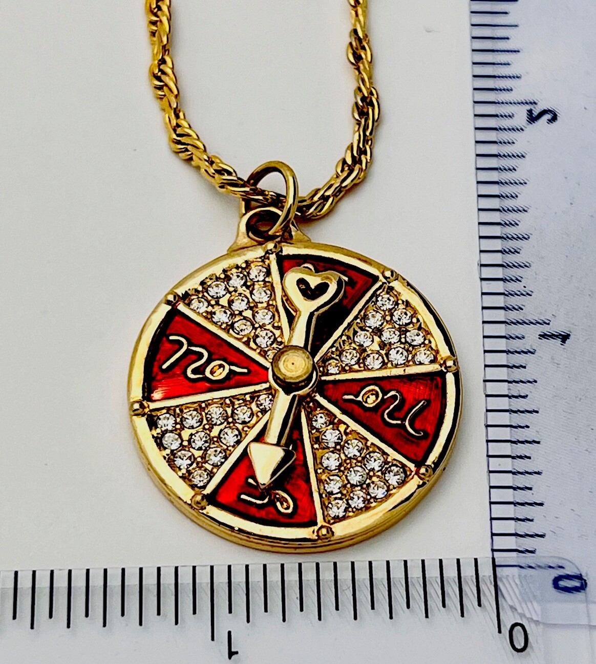 Swarovski Vintage New Gold Plated Enamel 44 Crystal Yes/No Wheel Necklace 30”