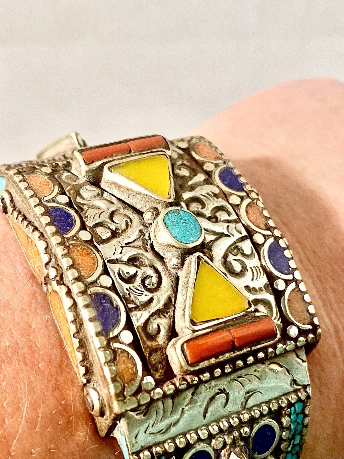 Moroccan Silver Tone Style Berber Mosaic Cuff Bracelet Coral Turquoise Enamel