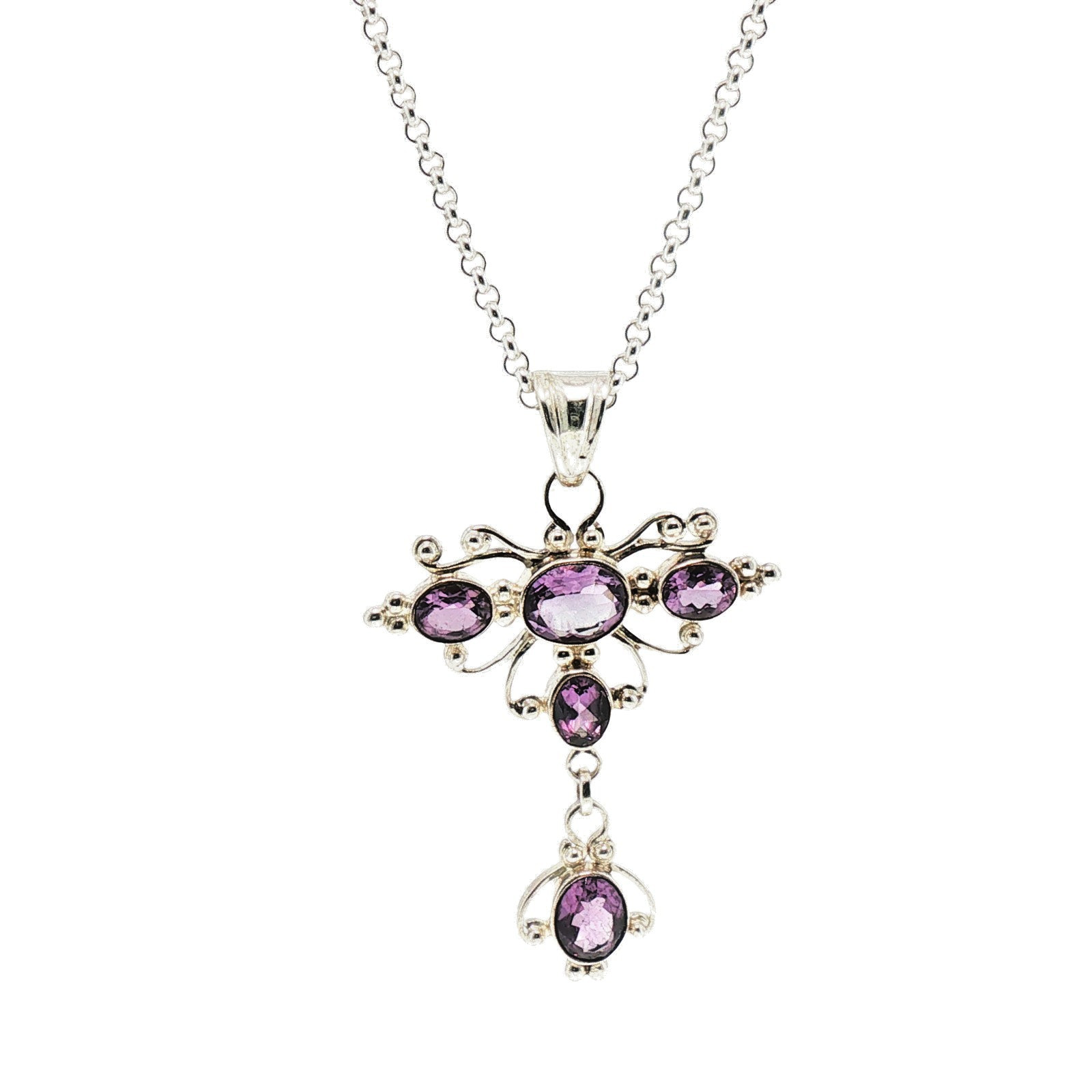 Elegant Silver Amethyst Cross Pendant Necklace 60cm Belcher Chain – E19991