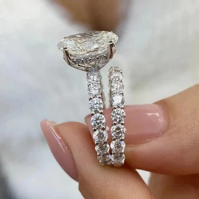 4TCW OvalCut Moissanite Bridal Set Engagement Wedding Ring 14K White Gold Plated