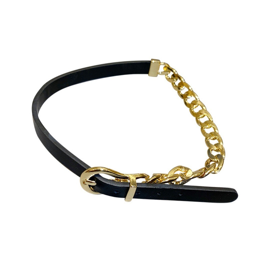 Edgy Leather Buckle Choker Necklace Gold Chain Statement Collar