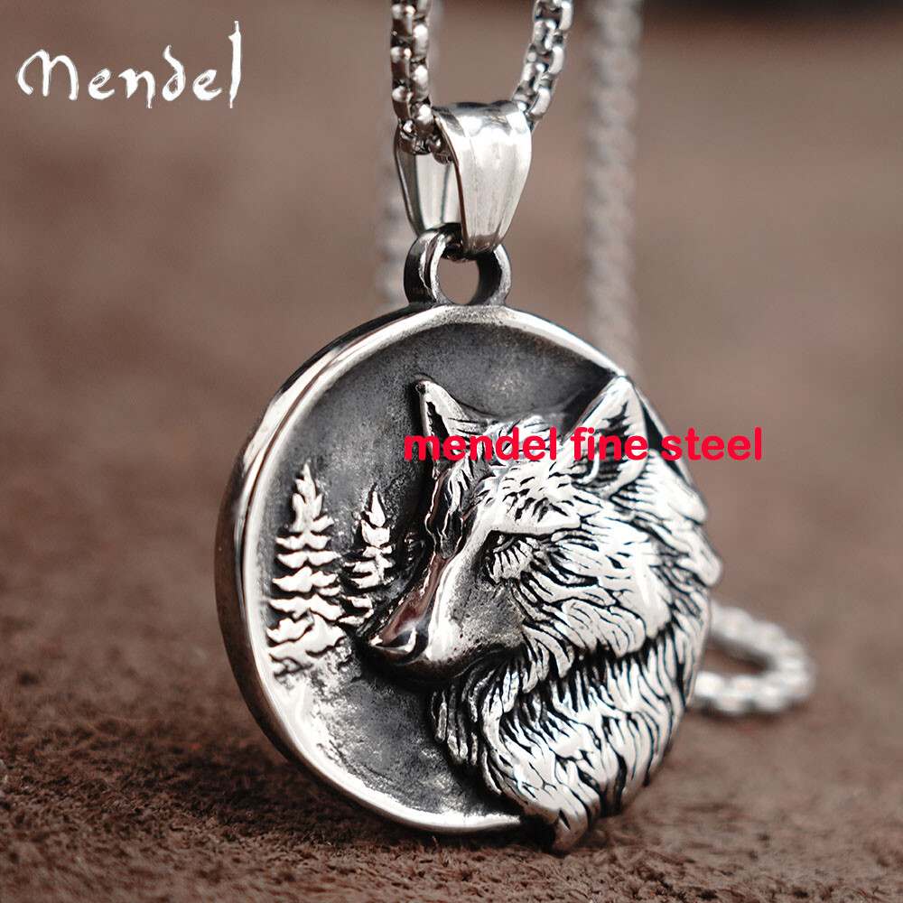 MENDEL Mens Stainless Steel Gold Plate Viking Wolf Head Pendant Necklace For Men