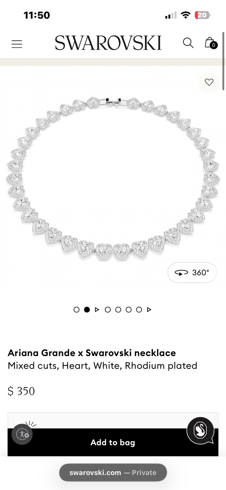 Swarovski Ariana Grande Tennis Necklace Mixed cuts, Heart Rhodium plated 5720857