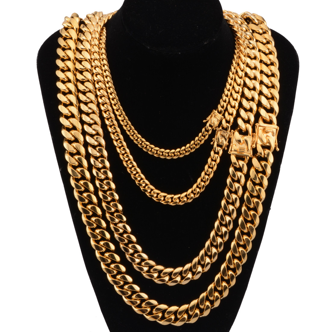 Mens Miami Cuban Link Bracelet or Chain Necklace 18k Gold Plated Stainless Steel