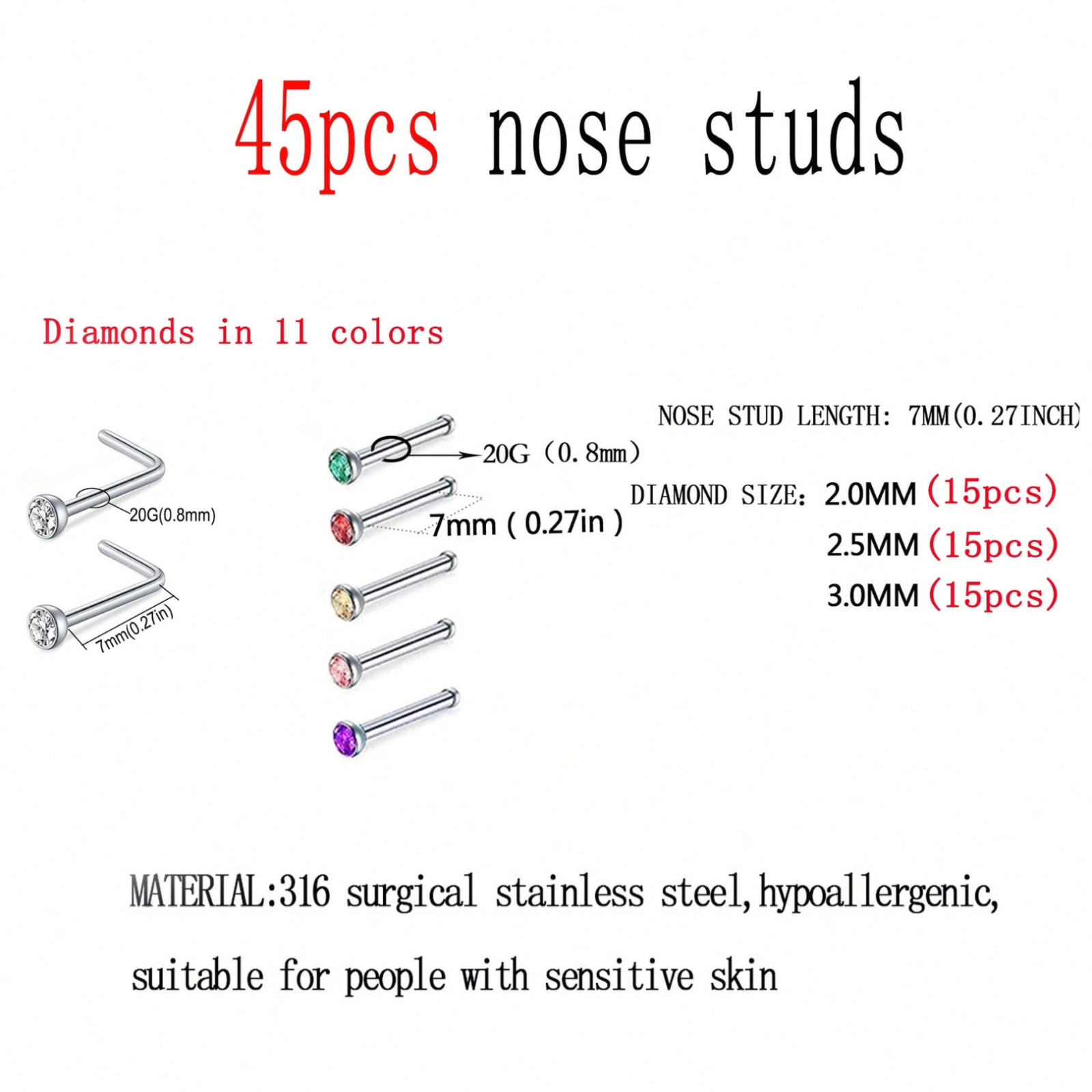 45pcs Stainless Steel Women Nose Rings 20g L-shaped Nose Studs Piercing Jewelry